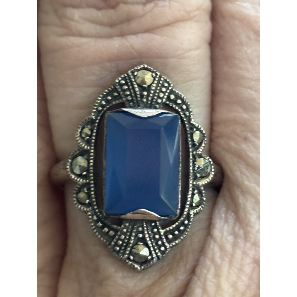 Vintage Deco Nouveau Blue Gem Marcasite Ring Size 7 Sterling Silver